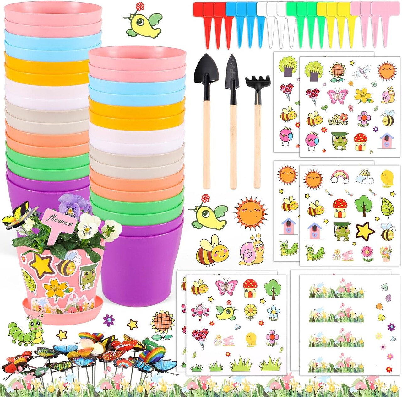 32 Set Garden Plastic Pot Craft Kit DIY Flower Plant Crafts Nursery Pots with Stickers Flower Planting Growing Kit for Spring Summer Home Classroom School Creative DIY Art Project Activities